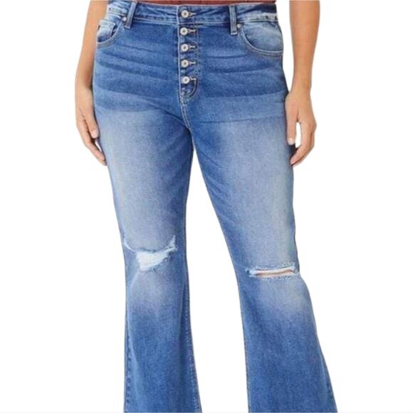 Kancan Flirting With A Stranger Plus Size Denim Distressed Flare Button Jeans - Picture 4 of 16